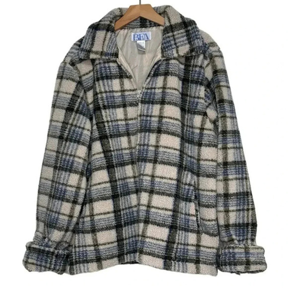 Vintage BFA Classics women's 1X plaid Sherpa jacket cream blue green boho - Picture 2 of 6